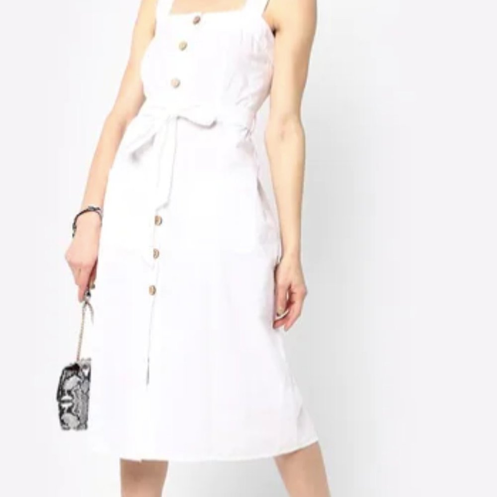 White Square-neck Sun Dress with Buttons